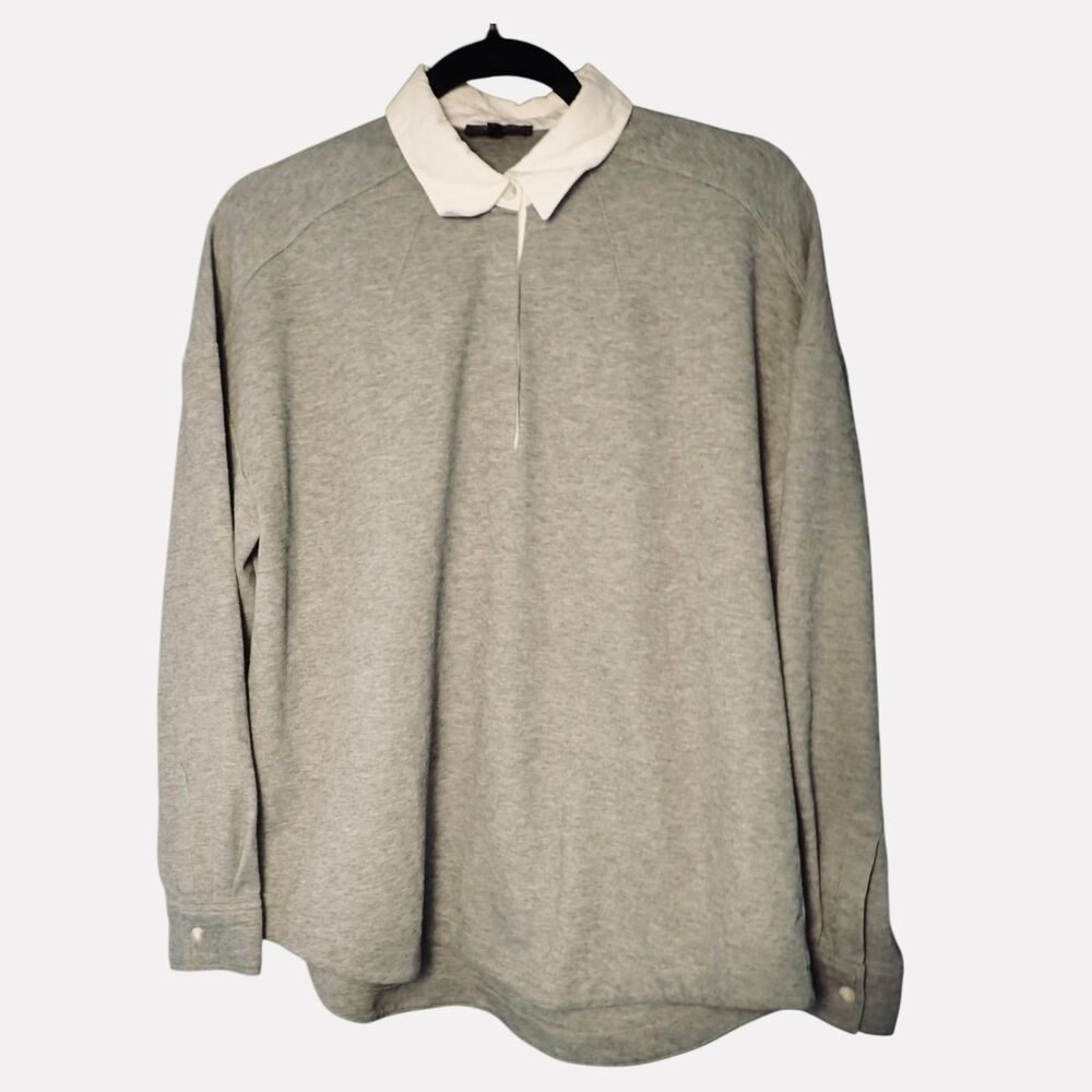 rag & bone Oversized Polo Rugby Sweatshirt French Terry M Heather Gray Collar
